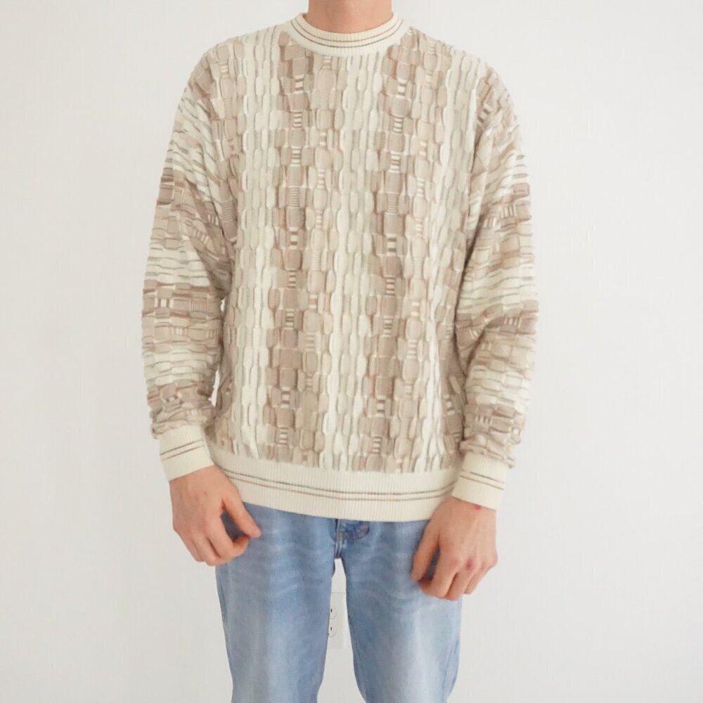 Vintage Bachrach Cream Textured Knit Sweater Eclectic Grandpa Quiet Luxury Large